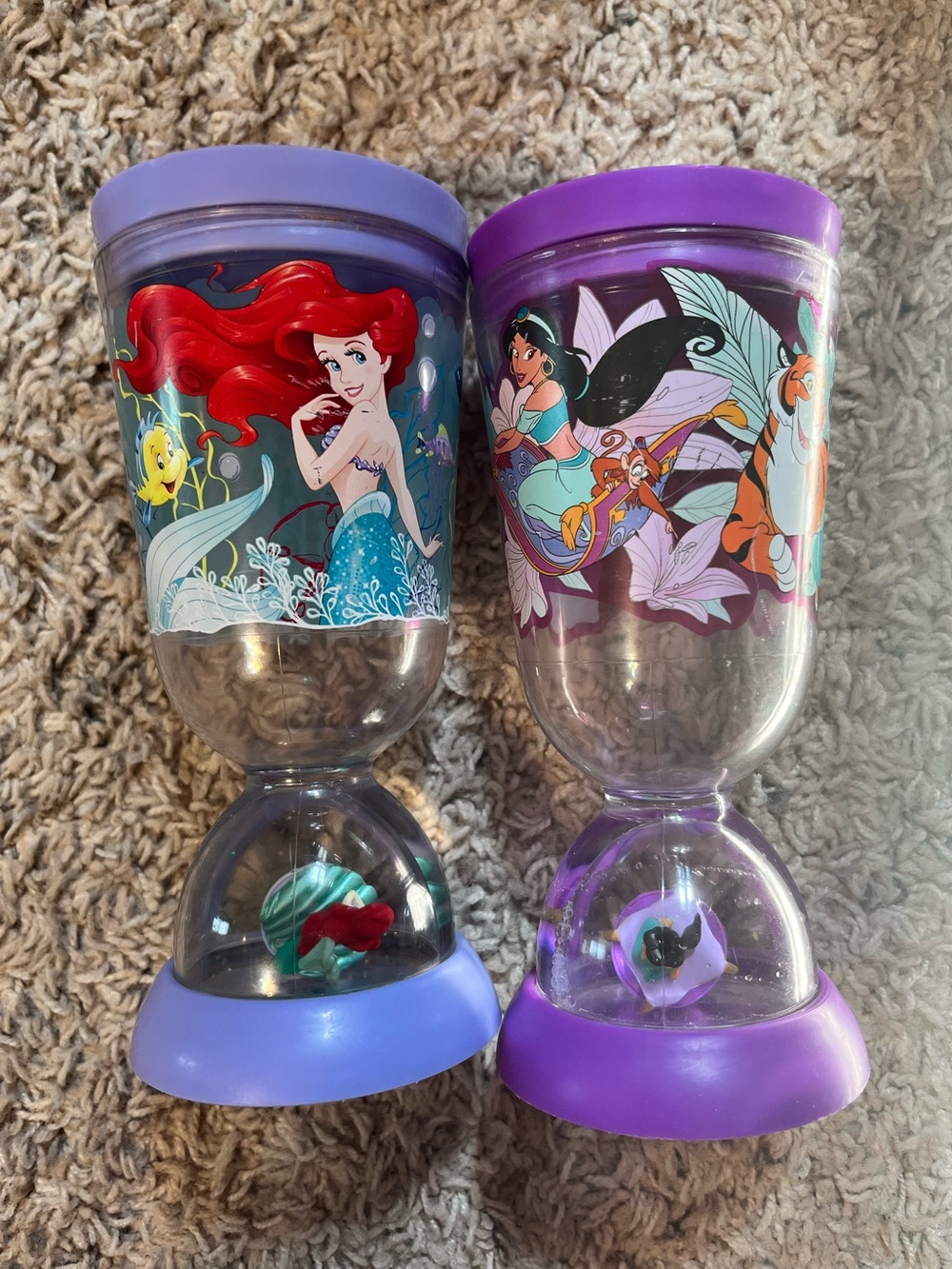 Rare Disney Princess Ariel & Jasmine Twin Water Globe Kids Cups - Purple - Picture 4 of 6